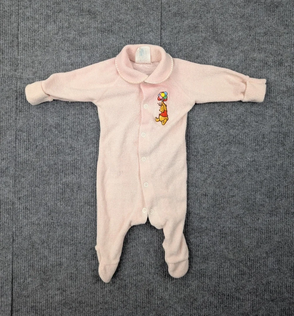 Vintage Winnie The Pooh One Piece Baby Newborn 0-6M Terry Knit Disney Pink Retro